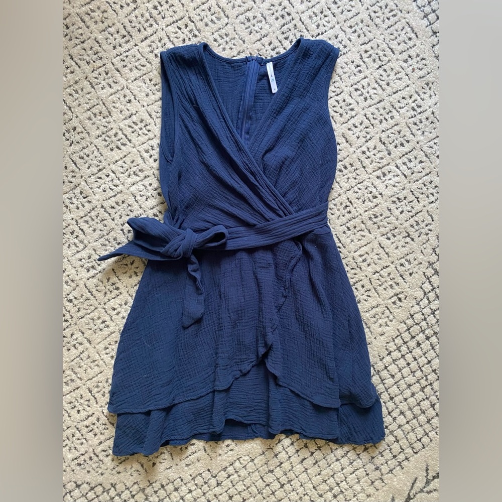 Beachsissi Midnight Blue V Neck Tie Waist Solid Mini Dress